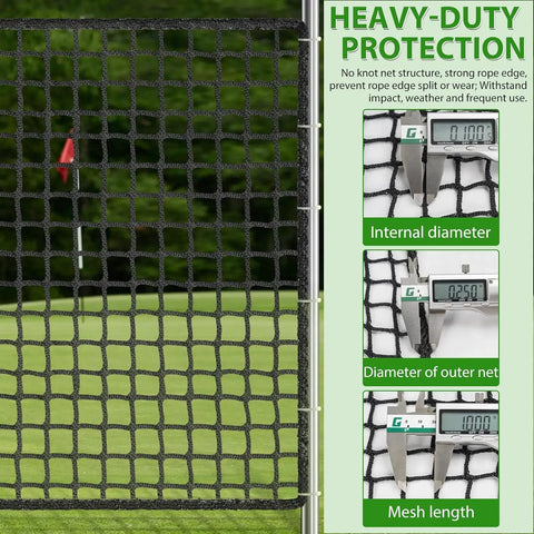 Heavy Duty Golf Practice Net Built Tough For Backyard Baseball Hockey Soccer And More With 1 Inch Square Netting And Reinforced Border Nylon Netting For Repeated Hits Indoor Outdoor 10x6.5 Feet with measurement details.