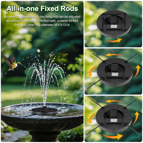 Solar Fountain Pump With 3 Spray Heights, Upgraded Glass Panels And Led Lights, 6 Nozzles in bird bath with fixed rods