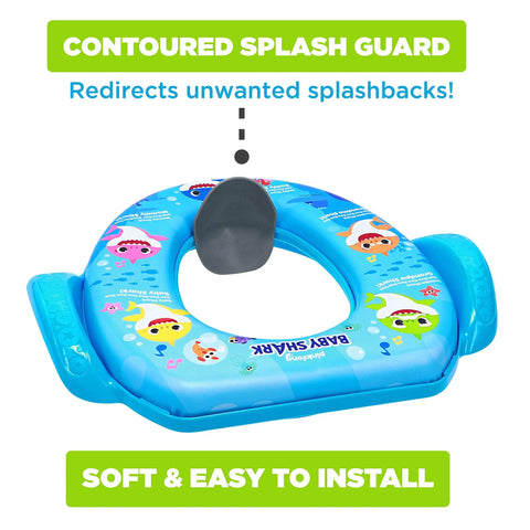 Baby Shark Soft Potty Training Seat With Hella Comfy Cushion And Secure Grip Handles, featuring contoured splash guard, soft surface.