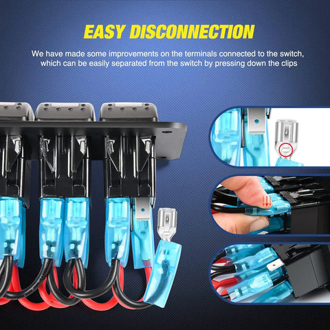 Easy disconnection feature on 2 Gang Rocker Switch Panel With Red Backlight, 4.8 Amp Dual USB Charger, Voltmeter, Waterproof 12V 24V DC.