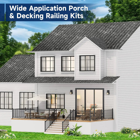 Top Shelf Heavy Duty Modular Aluminum Deck Railing Kit Four Pack 42 Inch Guardrail Height 8 Foot Sections on a modern porch.