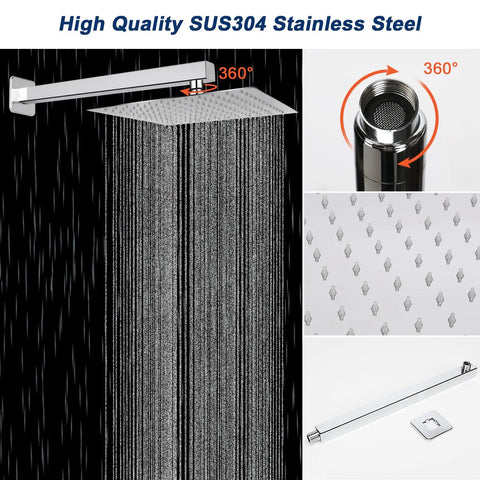 12 Inch Square Rain Shower Head With Extension Arm And Handheld Combo High Pressure All Metal Chrome Finish Shower System Includes Luxury Balance Valve Trim Kit with water flow and stainless steel details.