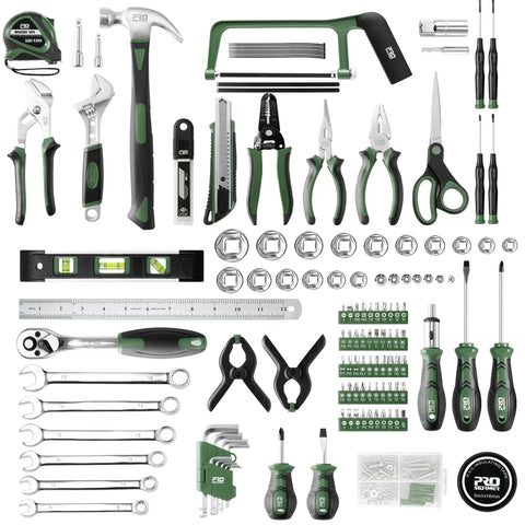 259 Piece Home And Car Tool Kit With Portable Plastic Storage Toolbox, Heavy Duty Chrome Vanadium Hand Tools, Ergonomic Non Slip Grips