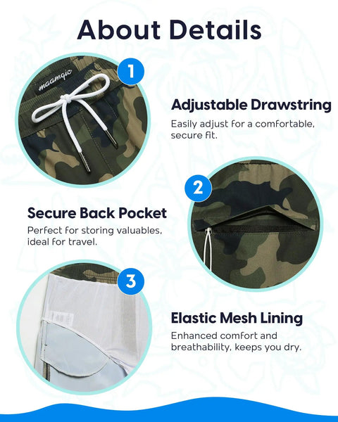 Mens Swim Trunks With 9 Inch Inseam And Mesh Lining Quick Dry Stretch Board Shorts With Zip Pockets Camouflage Pattern details