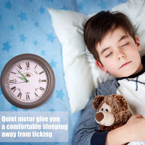 Sleeping child next to clock illustrating Six Pack Silent Clock Movement Kit With Long Shaft 13mm Quartz Mechanisms, Battery Powered.