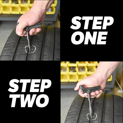 Rock Solid DIY Tire Repair Kit Featuring Eleven Piece Set showing steps to use puncture tools on tire repair.