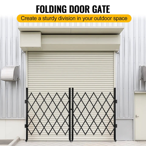 Folding door gate made of solid heavy duty steel with smooth rolling casters, creating a sturdy division for outdoor spaces.