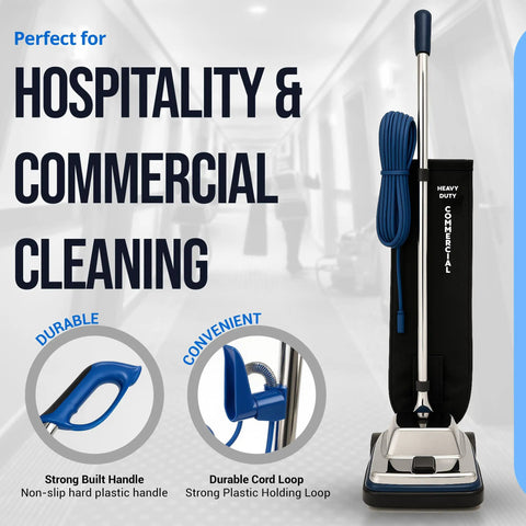 Heavy Duty 12 Inch Commercial Vacuum Cleaner With Shake Out Bag For Carpets And Hard Floors features strong plastic handle and durable cord loop.