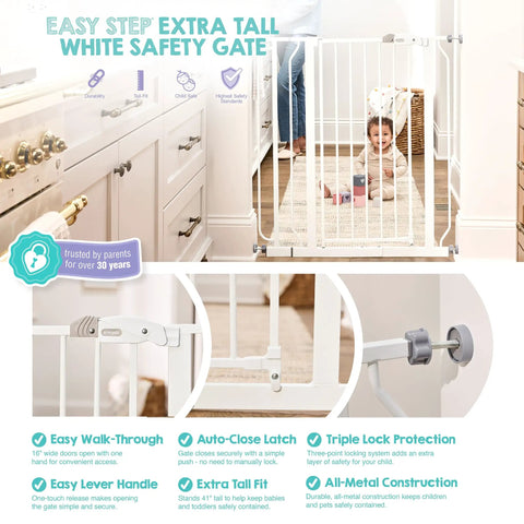 36-Inch Extra Tall Baby Gate For Doorways And Bottom Of Stairs, pressure mounted, white, with toddler seated behind.