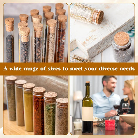 Natural Cork Stoppers Set For Glass Bottles 36 Pieces With Six Handy Sizes in jars, tubes, and bottles on display.