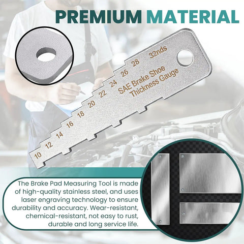 Dead On Mini Brake Pad Measuring Tool crafted from heavy duty stainless steel, side view with 32nds markings for accurate thickness reading.