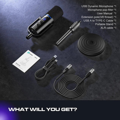 Dynamic USB XLR Podcast Microphone For Streaming And Recording with accessories including cables, stand, and manual.