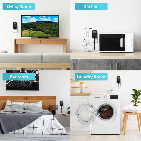 Handy LCD Plug In Power Meter with Digital Display in living room, kitchen, bedroom, and laundry room settings.