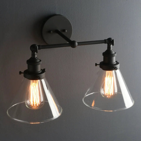 Two Light Industrial Wall Sconce In Antique Black With 7.3 Inch Cone Clear Glass Shade 180 Degree Adjustable E26 Base
