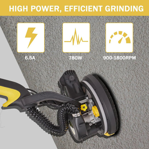 Dustless Drywall Sander With Vacuum Dust Collector Pro Grade 6.5 Amp 780W Variable Speed 900 To 1800 RPM in action on wall