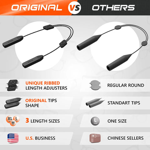Comparison of adjustable glasses strap set, featuring unique ribbed length adjusters and original tips vs. standard tips, 3-pack vs. one size.