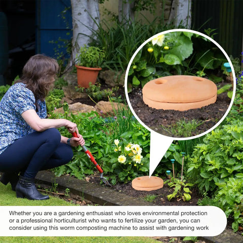 Woman installing Underground Worm Composting Bin 10 Inch For Outdoors Easy To Use For Beginners Inground Worm Composter