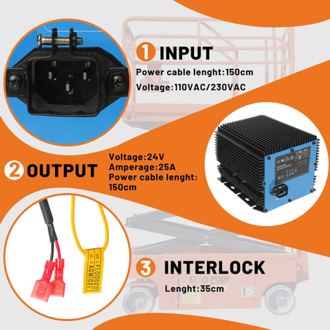 Top Shelf Heavy Duty 24 Volt 25 Amp Automatic Battery Charger For Scissor Lifts input and output specifications displayed