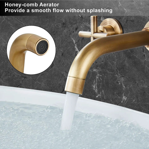 Wall Mounted Bathroom Sink Faucet With Dual Cross Handles, 3 Hole Widespread Vanity Mixer Tap In Matte Black, solid brass, water
