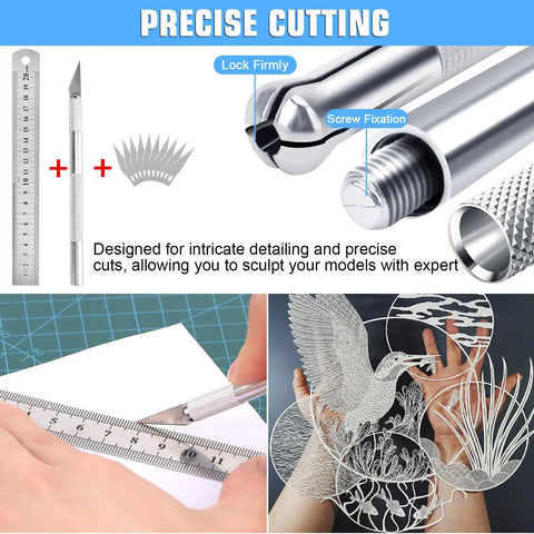 53 Piece Hobby Model Tools Kit for Cutting Sanding Carving and Assembly shown with precision cutting knife and artistic paper cutouts.