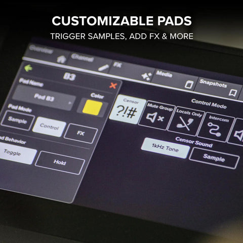 Close-up of Creator XS Adaptive Digital Mixer customizable pads on touchscreen, showing options for samples and effects control.