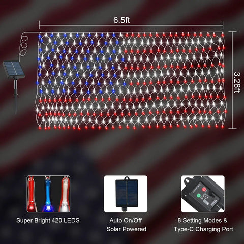 Solar American Flag Net Lights Outdoor 420 LEDs 6.5ft By 3.28ft Epic Bright Flag Mesh Solar Powered Auto On At Dusk
