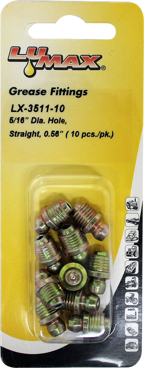 Front view: LUMAX LX-3511-10 grease fittings, straight, 0.56 in long for 5/16 in hole, pack of 10.