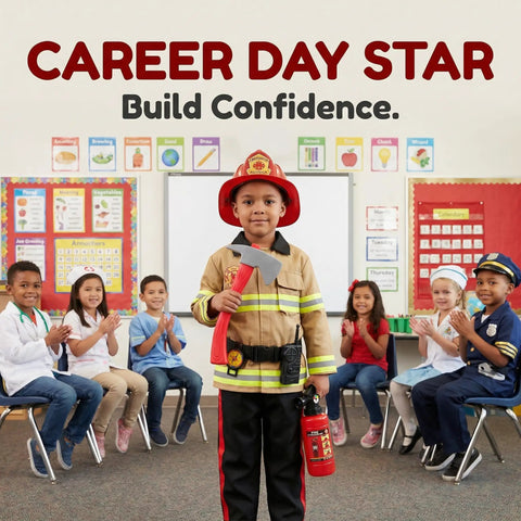 Child wearing Kids Firefighter Costume Props Set With Water Squirt Fire Extinguisher Toy For Role Play, classroom setting