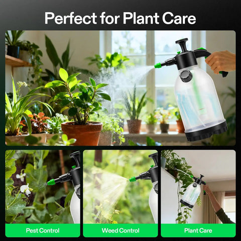Hand using 70 Ounce Pump Sprayer For Home Garden And Lawn Care Portable Hand Sprayer for plants with clear tank and adjustable nozzles