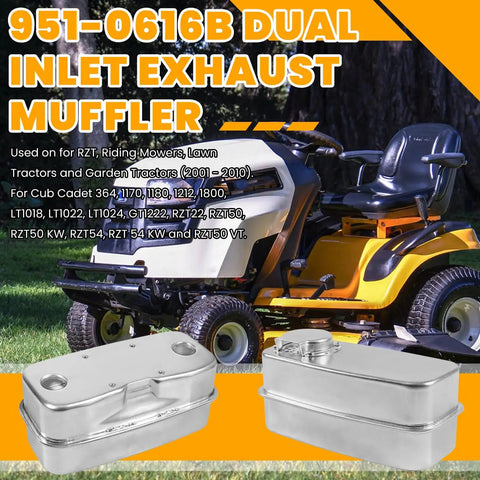 Dual Inlet Exhaust Muffler 951-0616B 751-0616B Replacement For Riding Mowers And Lawn Tractors with Cub Cadet in background