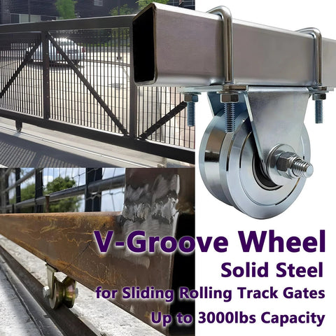 heavy duty V-groove gate wheel with solid steel design for sliding track gates, up to 3000 lbs capacity, maintenance-free