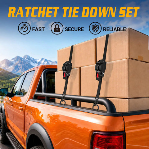 Tough Built Retractable Ratchet Straps For Heavy Duty Cargo Hauling securing boxes in a truck bed, featuring durable design and easy pull functionality.