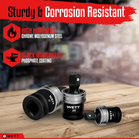 3 Piece Impact Universal Joint Set With 1/4 Inch 3/8 Inch And 1/2 Inch Drive Swivel Sockets, Heavy Duty Alloy Steel U Joint Sockets