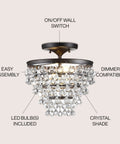 Oil Rubbed Bronze 13 Inch LED Flush Mount Ceiling Light Fixture With Clear Crystal Drum Shade Modern Glam Style Perfect For Bedroom Or Hallway