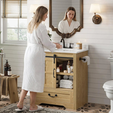 Slick 30 Inch Bathroom Vanity With Integrated Sink And Smooth Sliding Barn Door Modern Farmhouse Bathroom Cabinet in use with a woman.