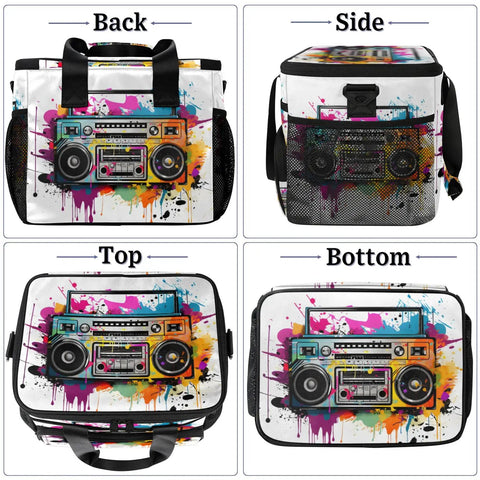 Four views of insulated picnic backpack with colorful boombox design, 12x8.7x10in, for picnics beach work travel camp and outings.