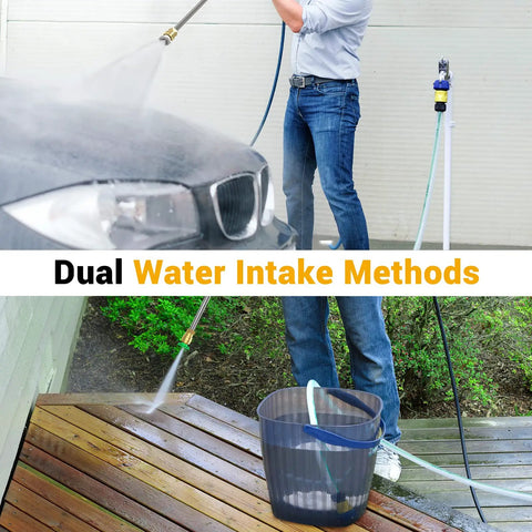 Electric Pressure Washer Beast 2150 PSI Two Point Six GPM With Hose Reel And Soap Tank Four Quick Connect Nozzles For Fence Concrete Patio Green Heavy Duty Home Power Washer being used on car and wood deck with dual water intake methods.