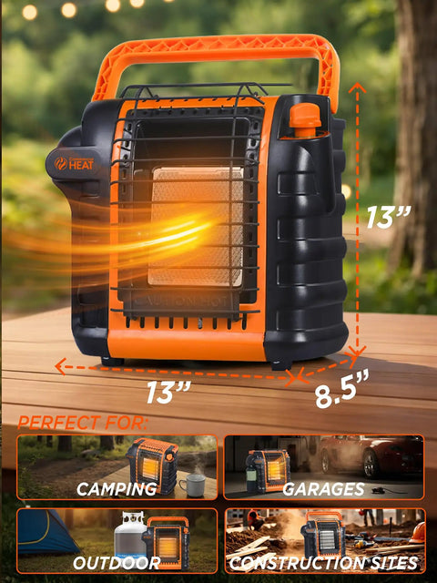 9000 BTU Portable Propane Heater For Outdoor Use That Kicks Heat Up To 300 Sq Ft Two Heat Settings From 4000 To 9000 BTU Swivel Regulator For 1 Pound Propane Tank Patio Camping Outdoor Emergency Heater Orange, shown on a wooden table with dimensions.