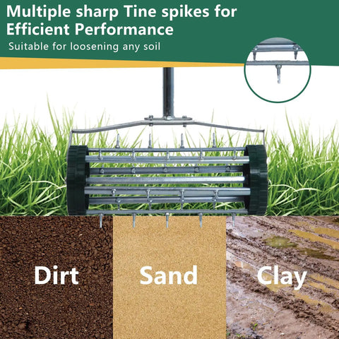 Rolling Lawn Aerator With 1.4 Inch Spikes on grass, showing tines ideal for dirt, sand, and clay soil aeration.