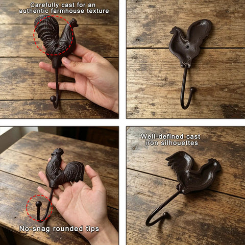 Vintage Cast Iron Rooster And Hen Wall Hooks Bring A Sick Farmhouse Vibe To Your Mudroom Kitchen Or Entryway With These Gutsy Decorative Hooks Adding real country charm. Cast iron rooster hook with authentic farmhouse texture held in hand on wooden surface.