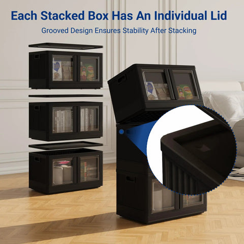 Heavy Duty 228 Quint Stackable Storage Bins With Lids, black collapsible crates shown stacked with lids on.