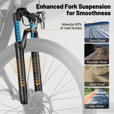 Front fork suspension on Beast Power 1200W Peak Electric Mountain Bike With 27 Point Five Inch Wheels 21 Speed Removable 48V Battery