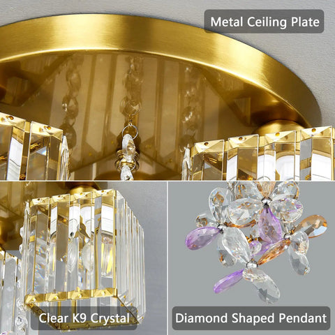 Close-up of Three Light Semi Flush Mount Ceiling Fixture In Black And Gold With Crystal Accents showing metal plate and crystals.