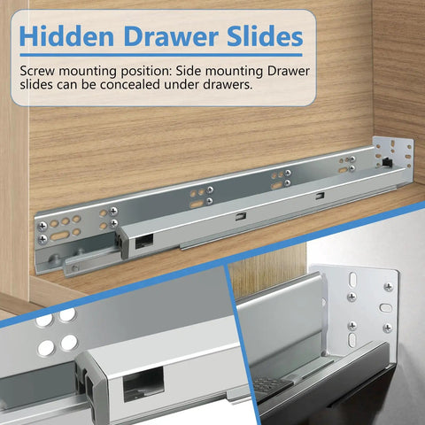 Kickass Four Pair Set Of Twelve Inch Undermount Drawer Slides With Butter Smooth Soft Close and Full Extension Concealed Runners are shown mounted under a drawer.