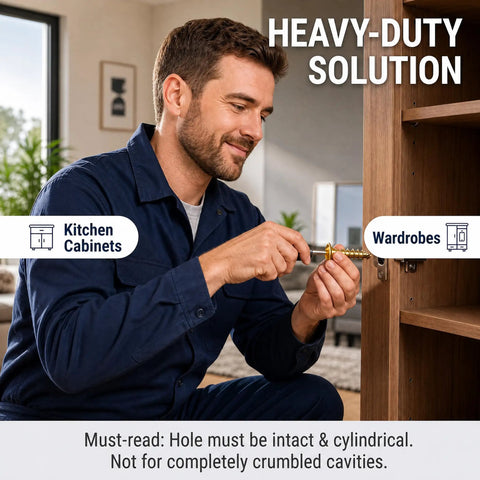 Man fixing wardrobe with Thirty Five Pack Heavy Duty Self Expanding Metal Anchor Screws Tough Zinc Steel Plugs.