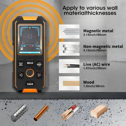 Stud Finder Wall Scanner All In One Handy 5 In 1 With Wood Stud Cable Metal Detection And Laser Distance LCD Display And Voice Alerts Smart Sensor Digital Level 40M Range, front view with wall thickness and detection modes