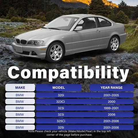 Silver BMW car in nature background with a compatibility chart for BMW 3 Series models from 1999 to 2006 shown below.