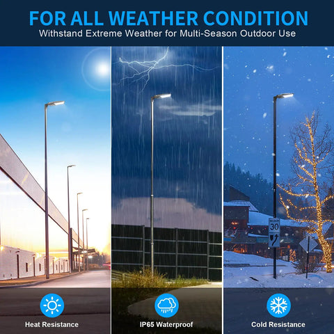 Three 200W LED Parking Lot Light With Adjustable Slip Fitter, 28000LM 140LM/W Shoebox Street Lights in varying weather conditions