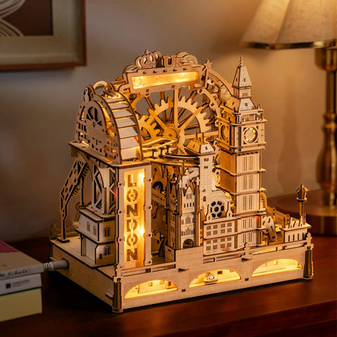 Illuminated Marble Run Puzzle Kit For Adults With LED Track And 431-Piece Laser-Cut Wood Build 3D Landmark Kinetic Puzzle