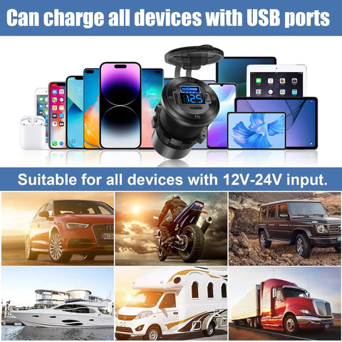 Built Tough All Aluminum 12V USB Car Socket 3-Port Marine Fast Charger shown with various devices and vehicles